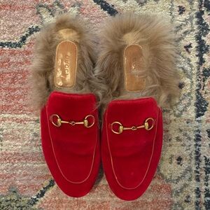 GUCCI Fur lined Velvet Horse Bit Loafer Slippers